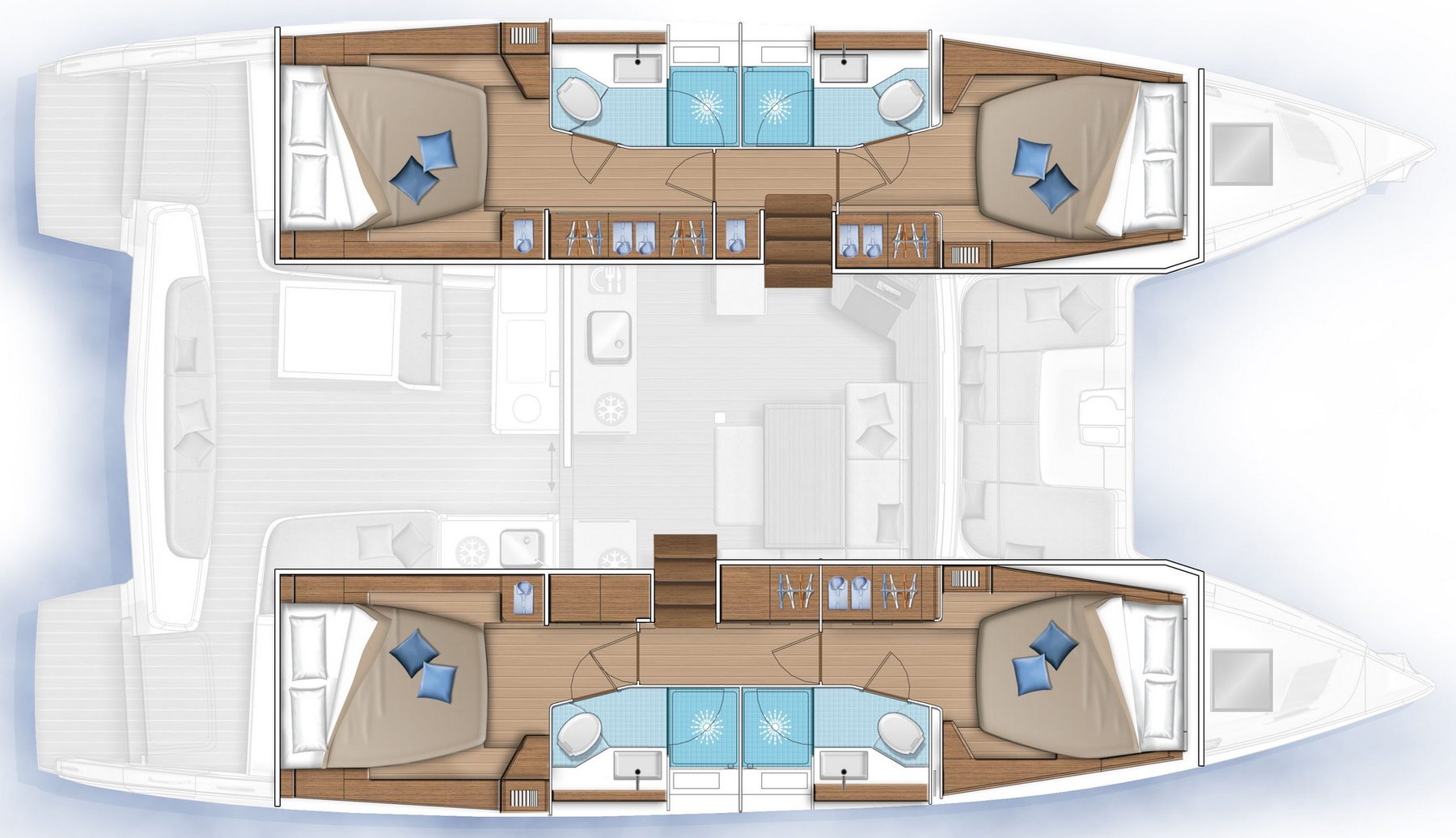 Lagoon 46 accommodation layout, four cabins
